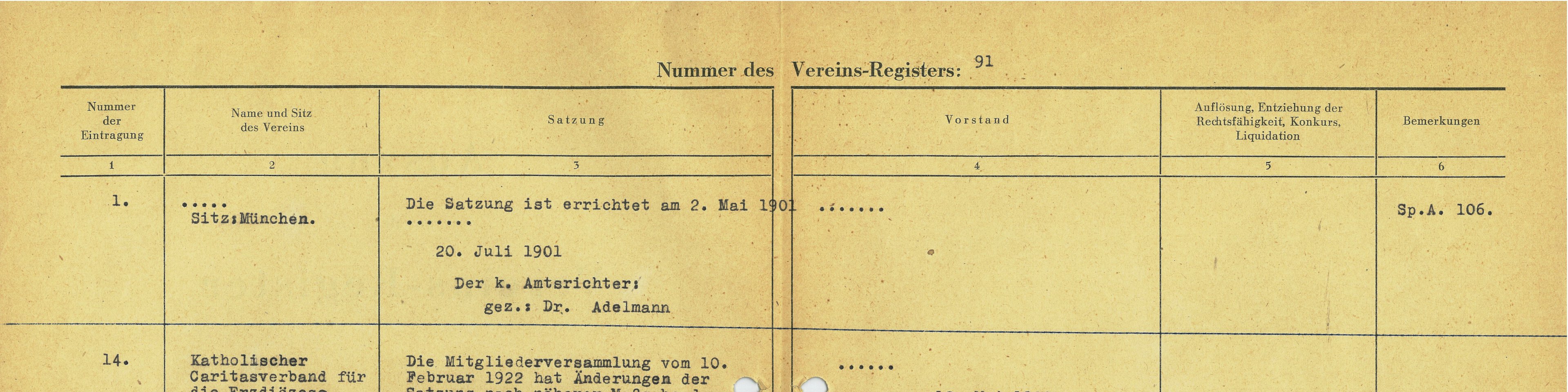 Auszug aus dem Vereinsregister. | © (Archiv des DiCV München und Freising e.V., Altregistratur)